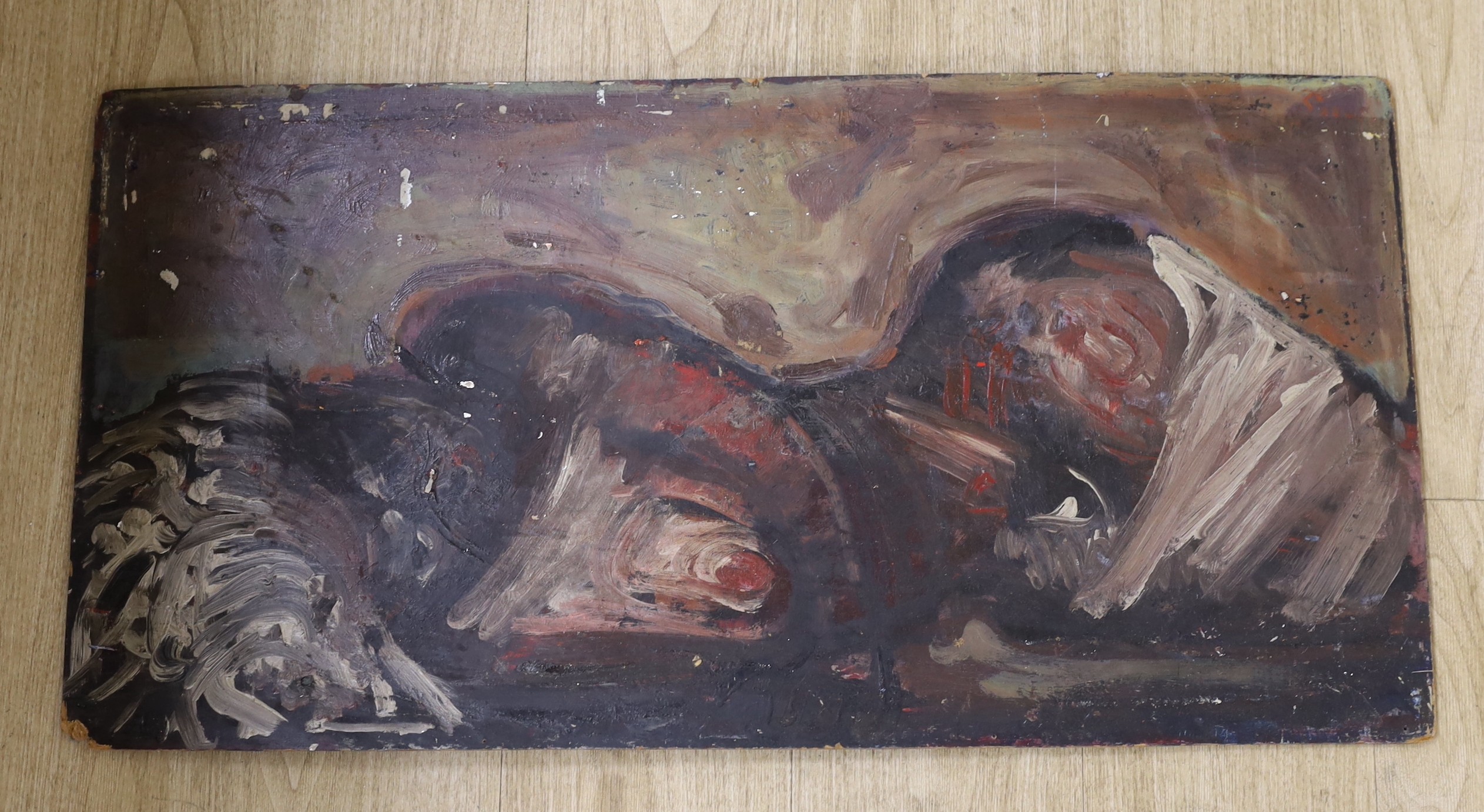 Harry Horace Sayce, oil on board, 'Becoming', inscribed verso with John Moores Liverpool Exhibition label verso, 43 x 85cm, unframed